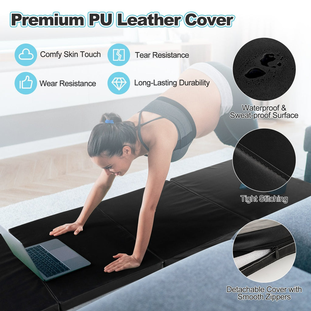 Tapis de gymnastique pliable avec poignées de transport et housse amovible en cuir PU anti-transpiration-Noir