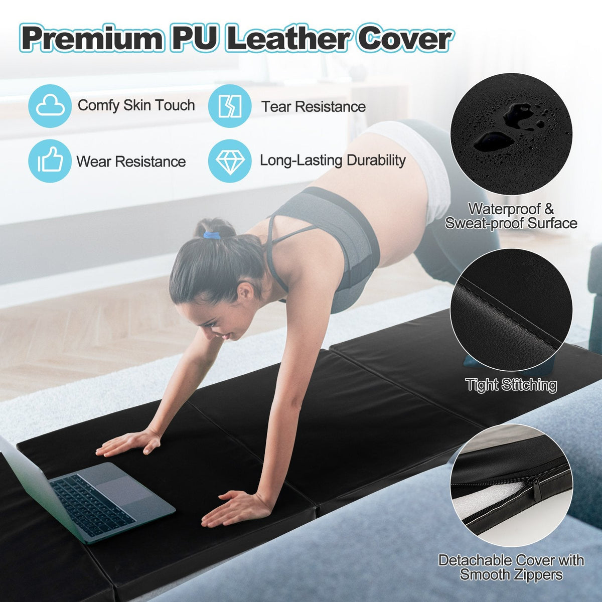 Tapis de gymnastique pliable avec poignées de transport et housse amovible en cuir PU anti-transpiration-Noir