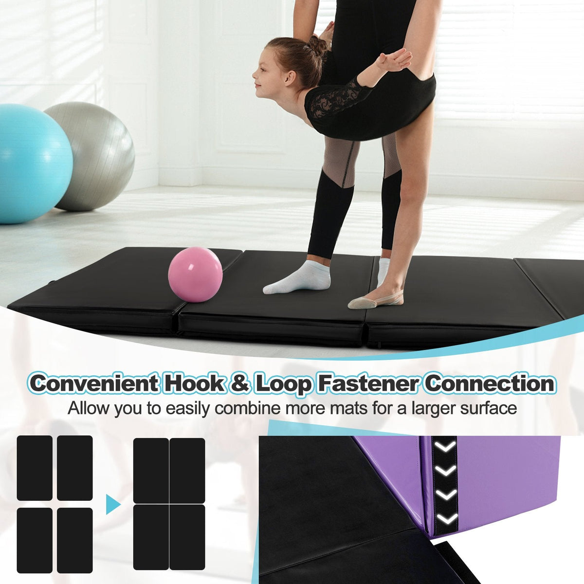 Tapis de gymnastique pliable avec poignées de transport et housse amovible en cuir PU anti-transpiration-Noir