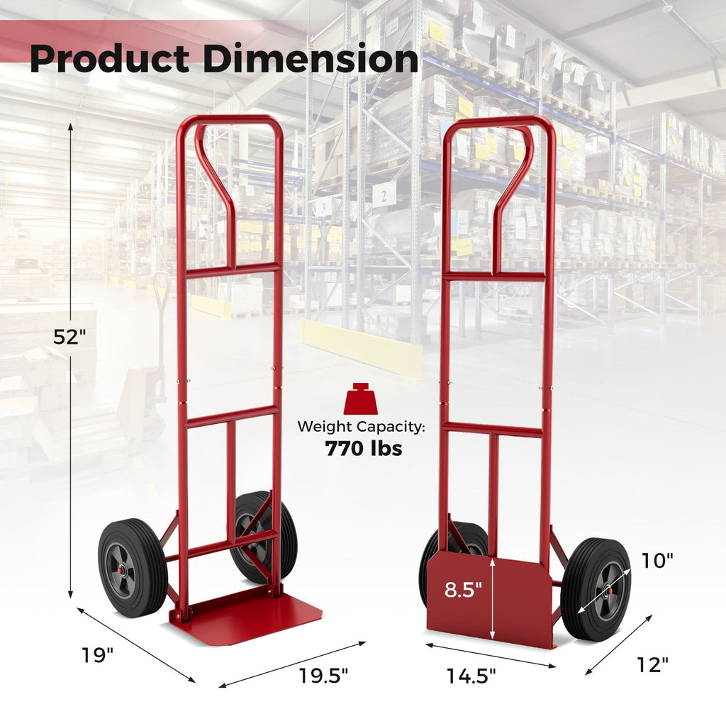 Diable avec poignée en P et plaque de chargement pliable pour entrepôt ou garage - Rouge