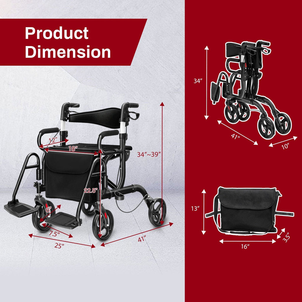Faltbarer Rollator mit 8-Zoll-Rädern und Sitz – Schwarz