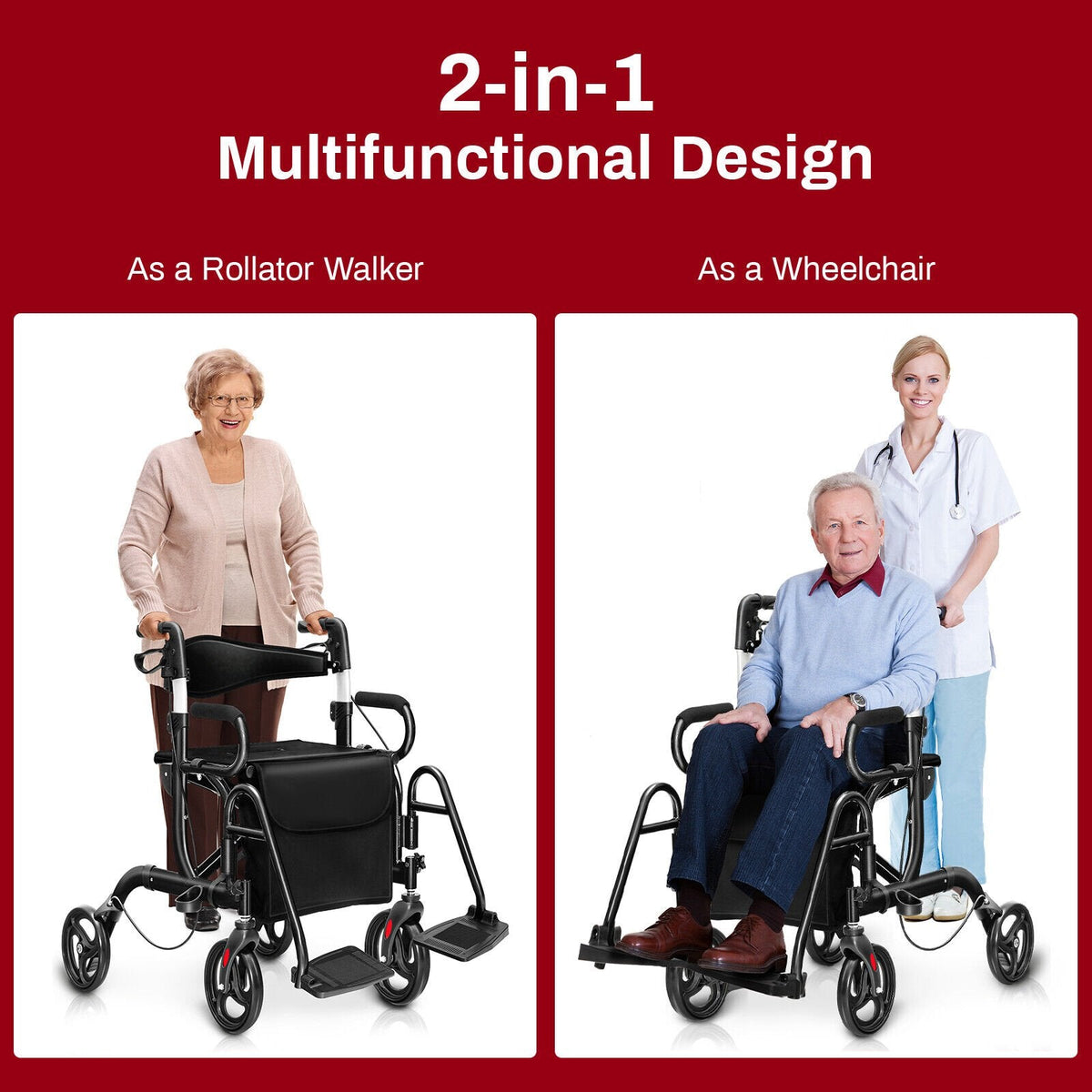 Faltbarer Rollator mit 8-Zoll-Rädern und Sitz – Schwarz