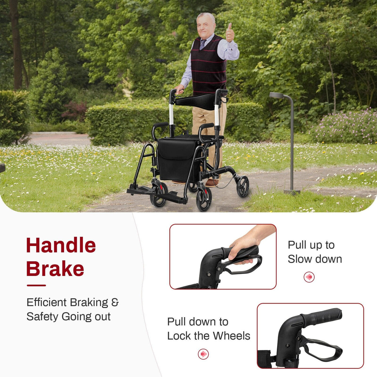 Faltbarer Rollator mit 8-Zoll-Rädern und Sitz – Schwarz