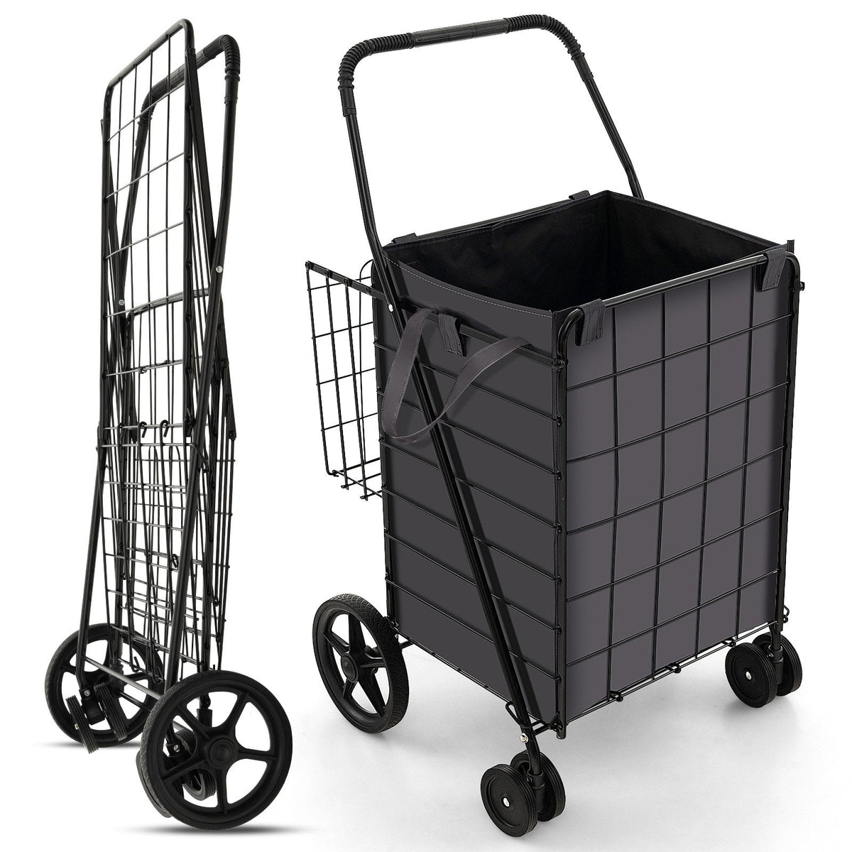 Chariot de courses pliable avec sac amovible étanche et panier - Noir