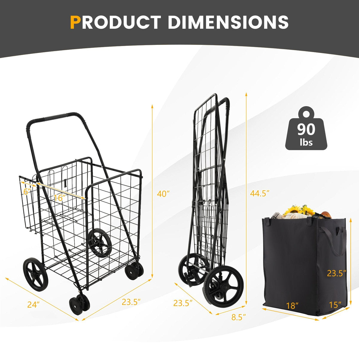 Chariot de courses pliable avec sac amovible étanche et panier - Noir