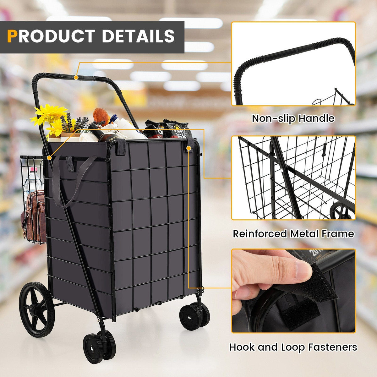 Chariot de courses pliable avec sac amovible étanche et panier - Noir
