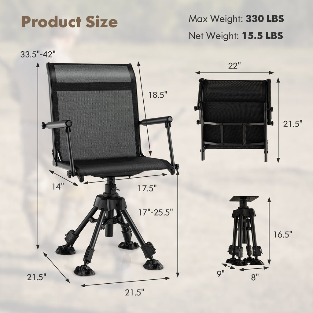 Silla de patio plegable y giratoria con 4 patas ajustables - Negra