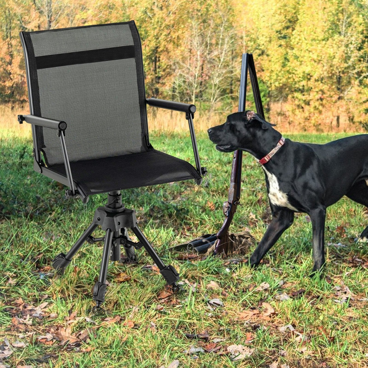 Silla de patio plegable y giratoria con 4 patas ajustables - Negra