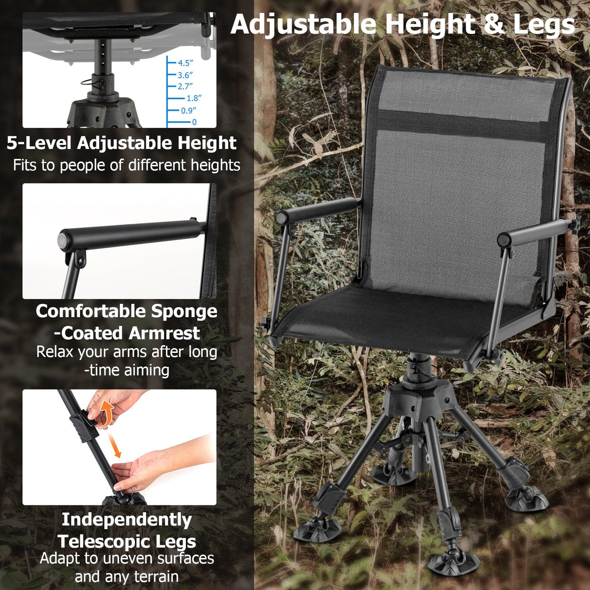 Silla de patio plegable y giratoria con 4 patas ajustables - Negra