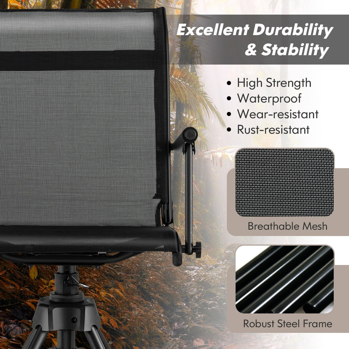 Silla de patio plegable y giratoria con 4 patas ajustables - Negra