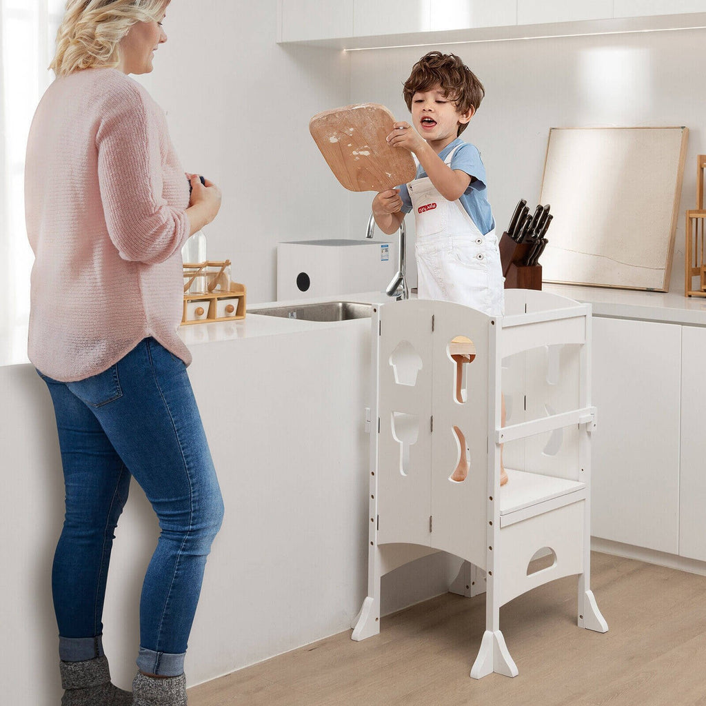 Marchepied pliant en bois avec garde-corps de sécurité verrouillable pour enfant à partir de 3 ans – blanc