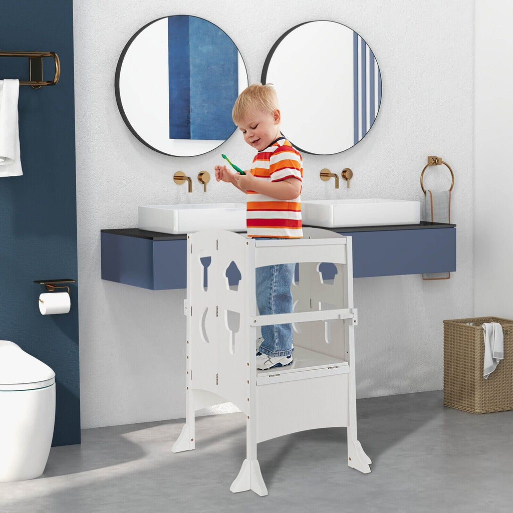 Marchepied pliant en bois avec garde-corps de sécurité verrouillable pour enfant à partir de 3 ans – blanc