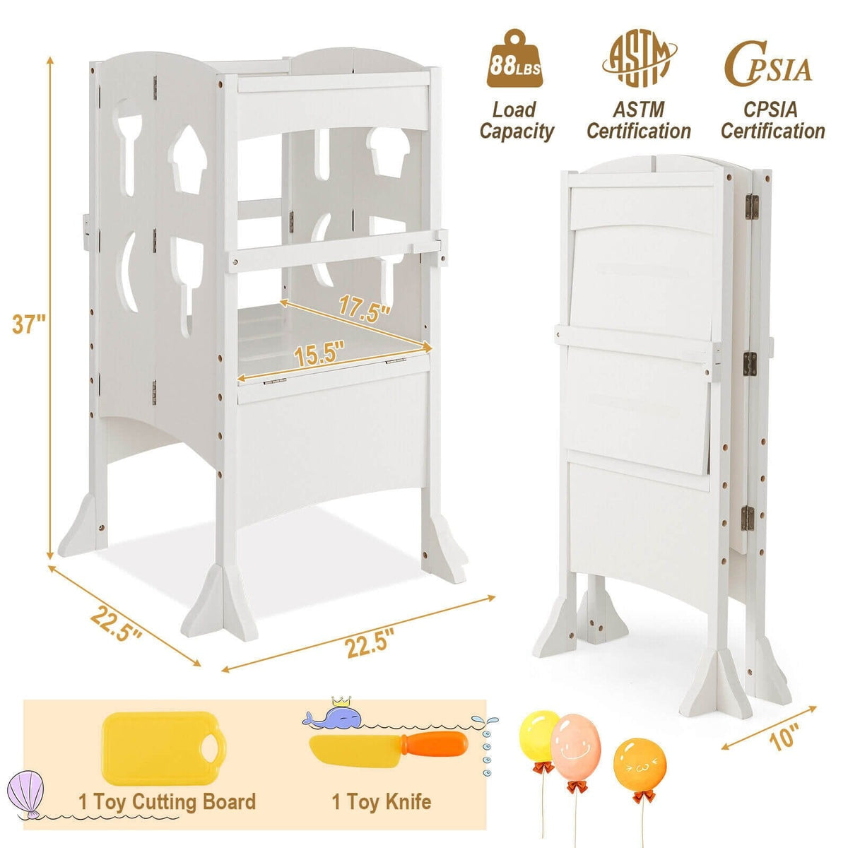 Marchepied pliant en bois avec garde-corps de sécurité verrouillable pour enfant à partir de 3 ans – blanc