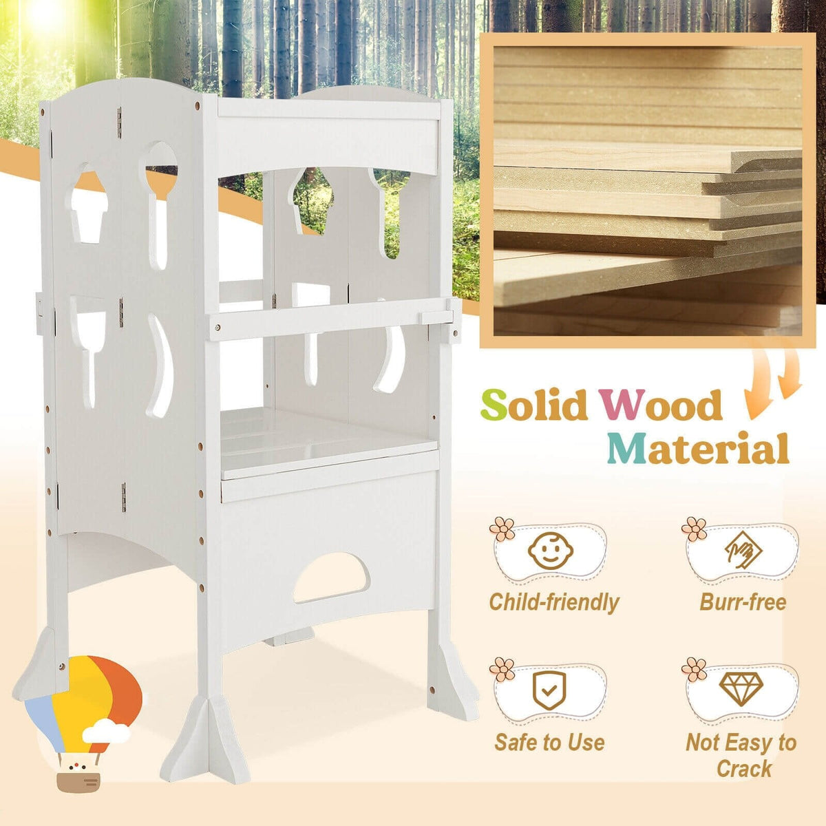 Marchepied pliant en bois avec garde-corps de sécurité verrouillable pour enfant à partir de 3 ans – blanc