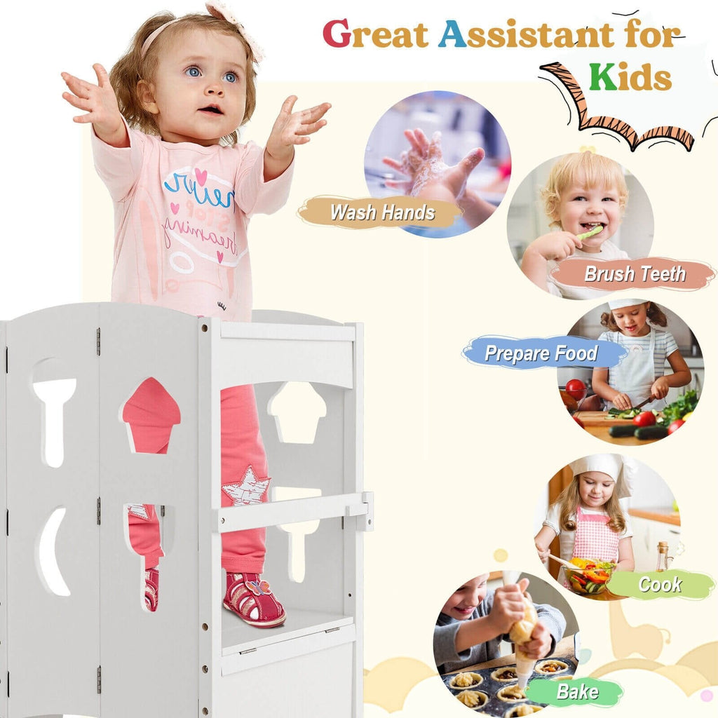 Marchepied pliant en bois avec garde-corps de sécurité verrouillable pour enfant à partir de 3 ans – blanc