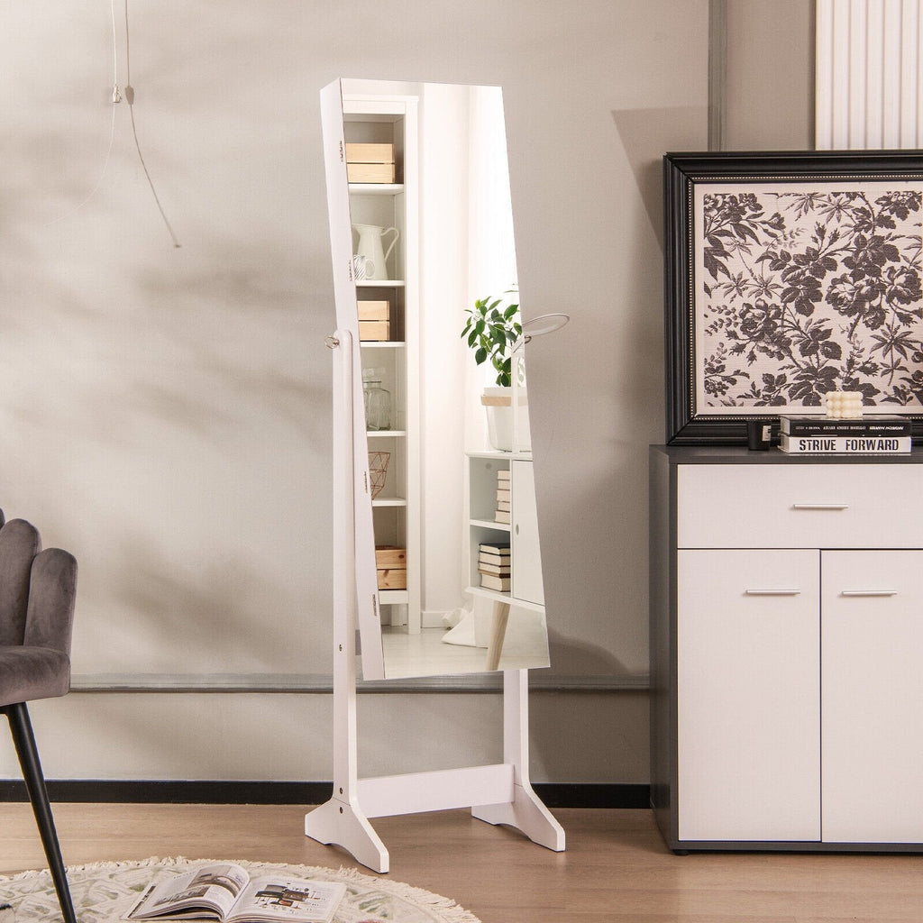 Freistehender Schmuckschrank mit Ganzkörperspiegel und LED-Beleuchtung – Weiß