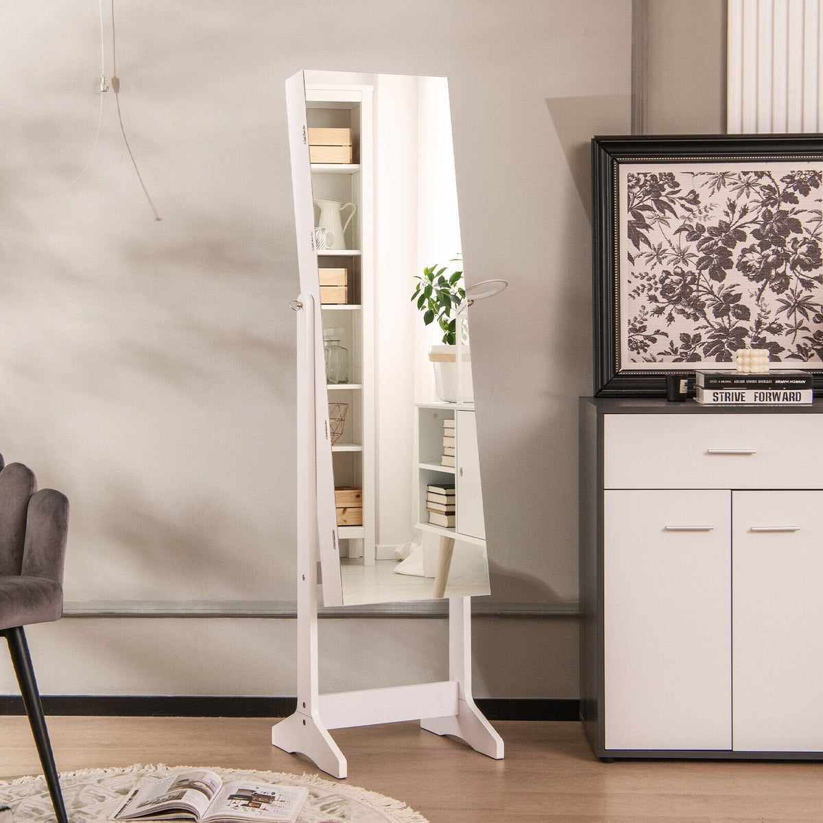 Freistehender Schmuckschrank mit Ganzkörperspiegel und LED-Beleuchtung – Weiß