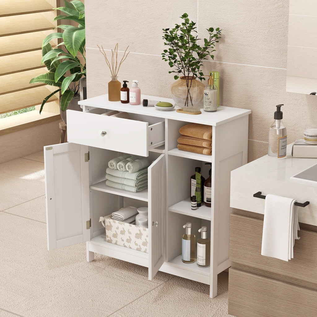 Mueble bajo de baño con cajón y compartimentos abiertos - Blanco