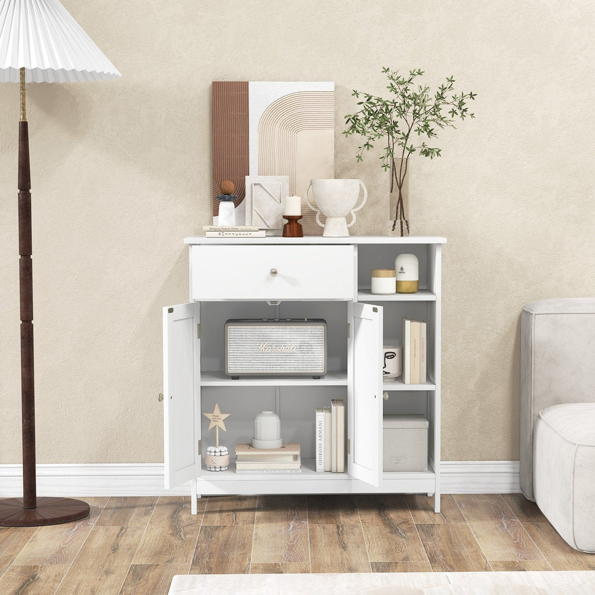 Mueble bajo de baño con cajón y compartimentos abiertos - Blanco