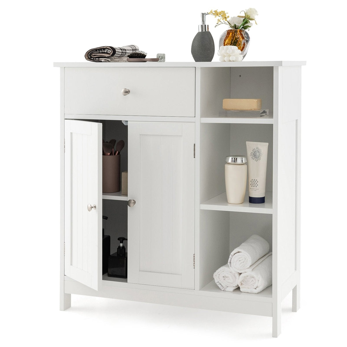 Mueble bajo de baño con cajón y compartimentos abiertos - Blanco