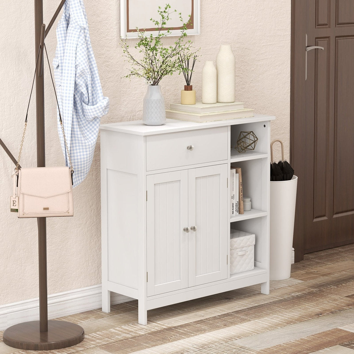 Mueble bajo de baño con cajón y compartimentos abiertos - Blanco