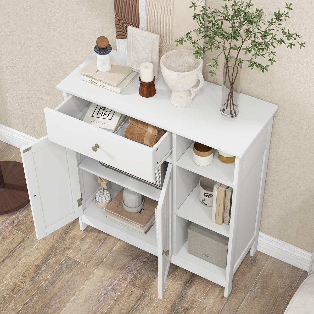 Mueble bajo de baño con cajón y compartimentos abiertos - Blanco
