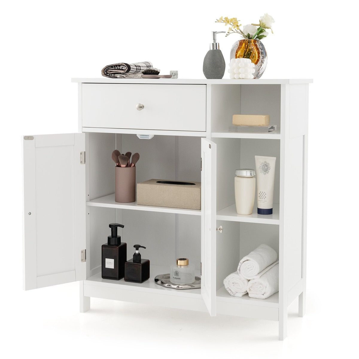 Mueble bajo de baño con cajón y compartimentos abiertos - Blanco