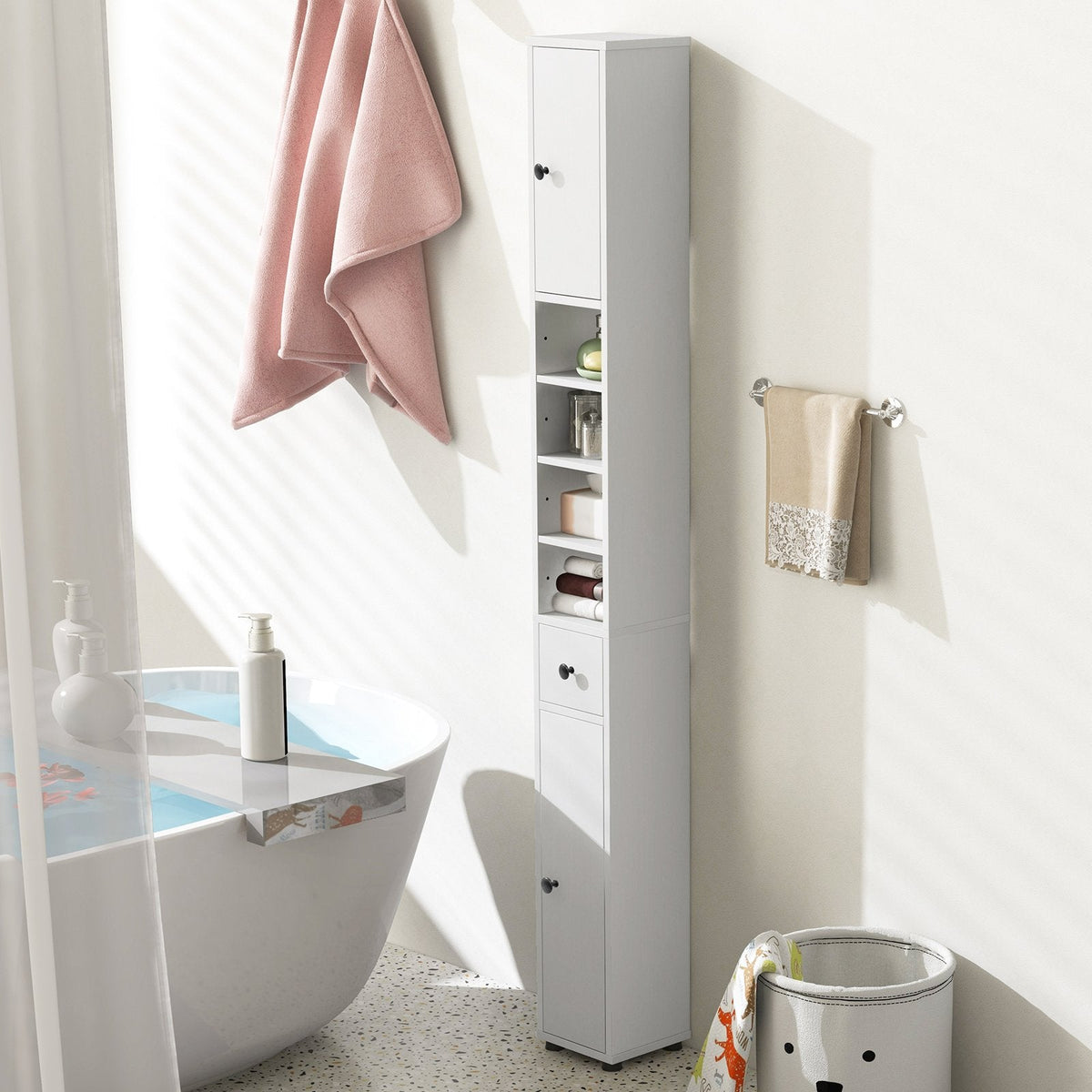 Freestanding Slim Bathroom Cabinet with Drawer and Adjustable Shelves-White