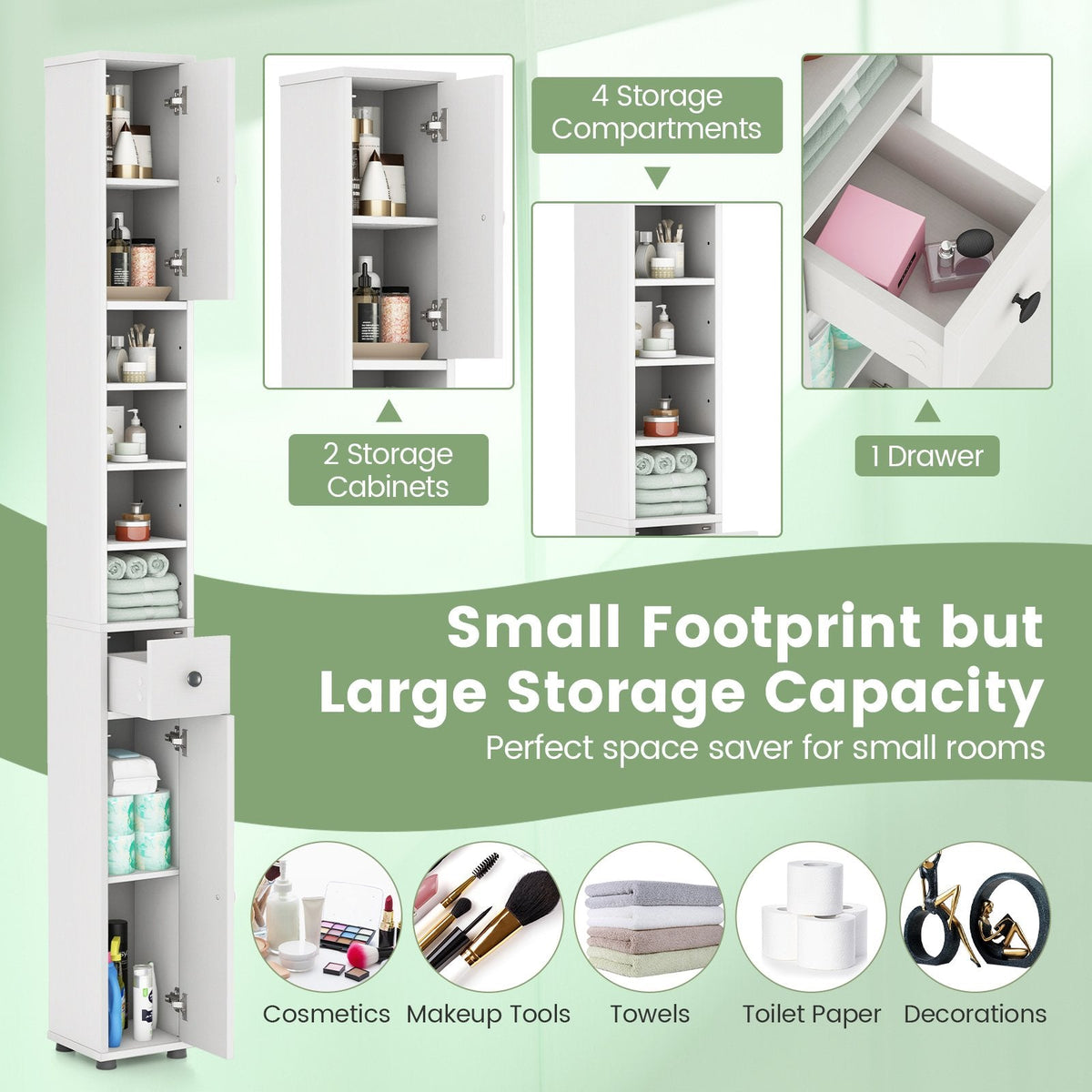 Freestanding Slim Bathroom Cabinet with Drawer and Adjustable Shelves-White