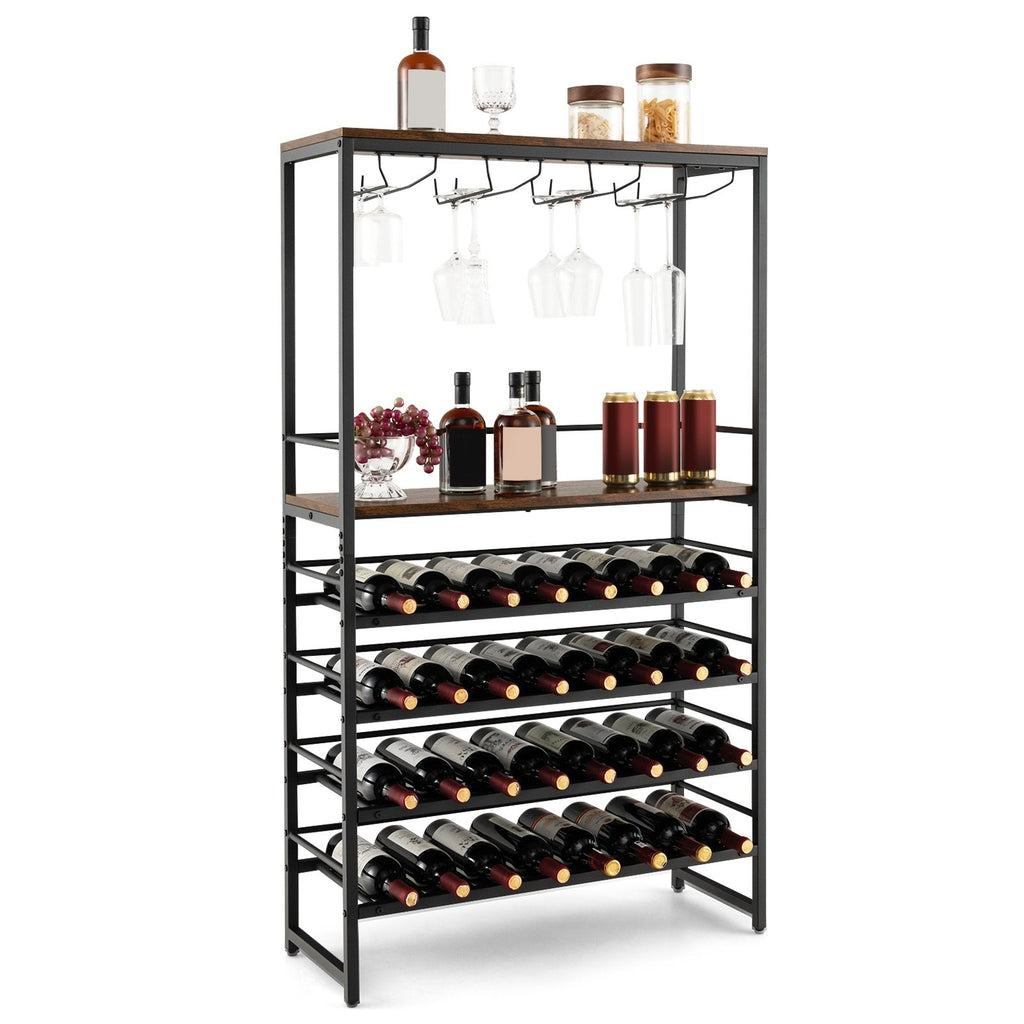 Étagère à vin autonome avec 4 niveaux de rangement pour le vin et 4 rangées de porte-verres à pied