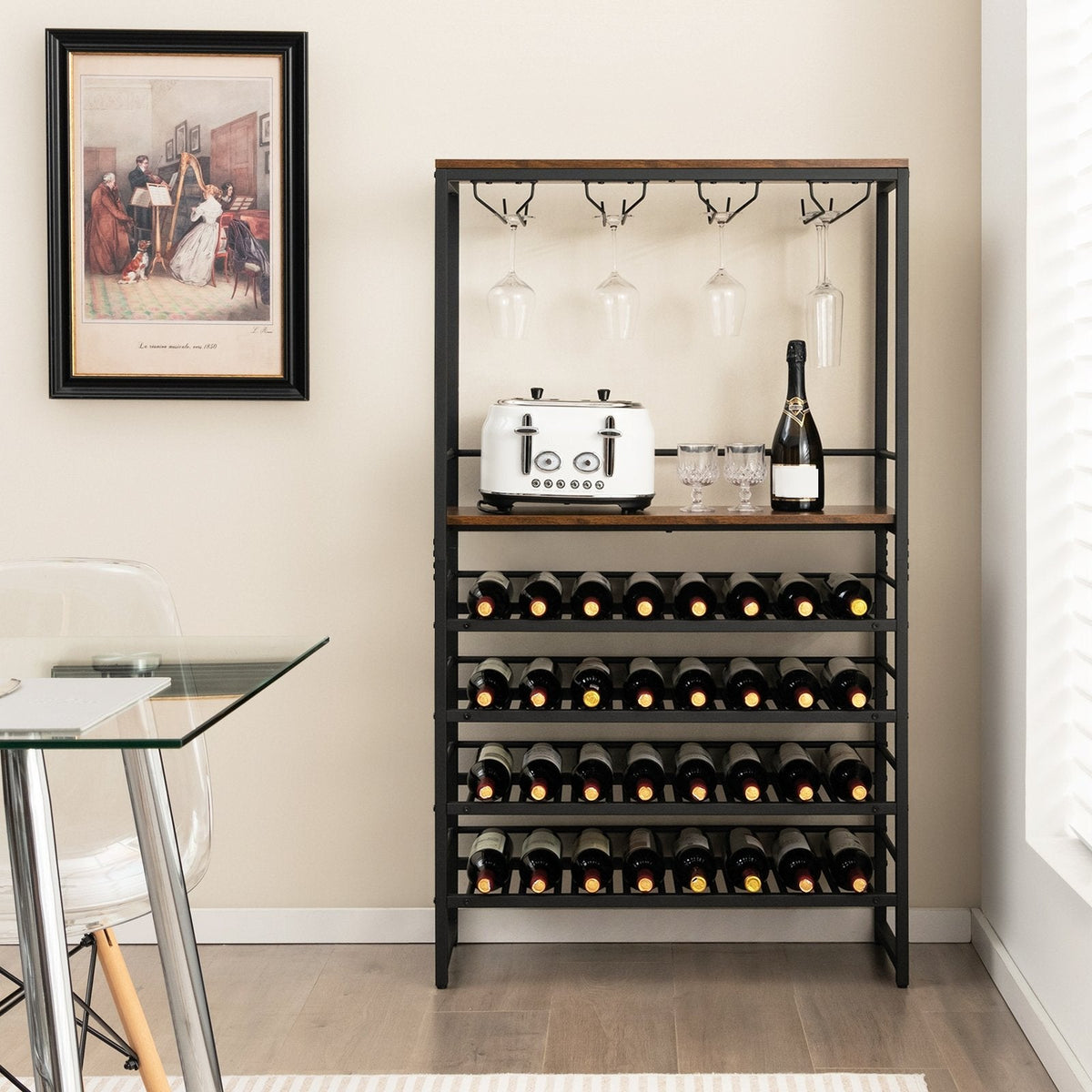 Étagère à vin autonome avec 4 niveaux de rangement pour le vin et 4 rangées de porte-verres à pied