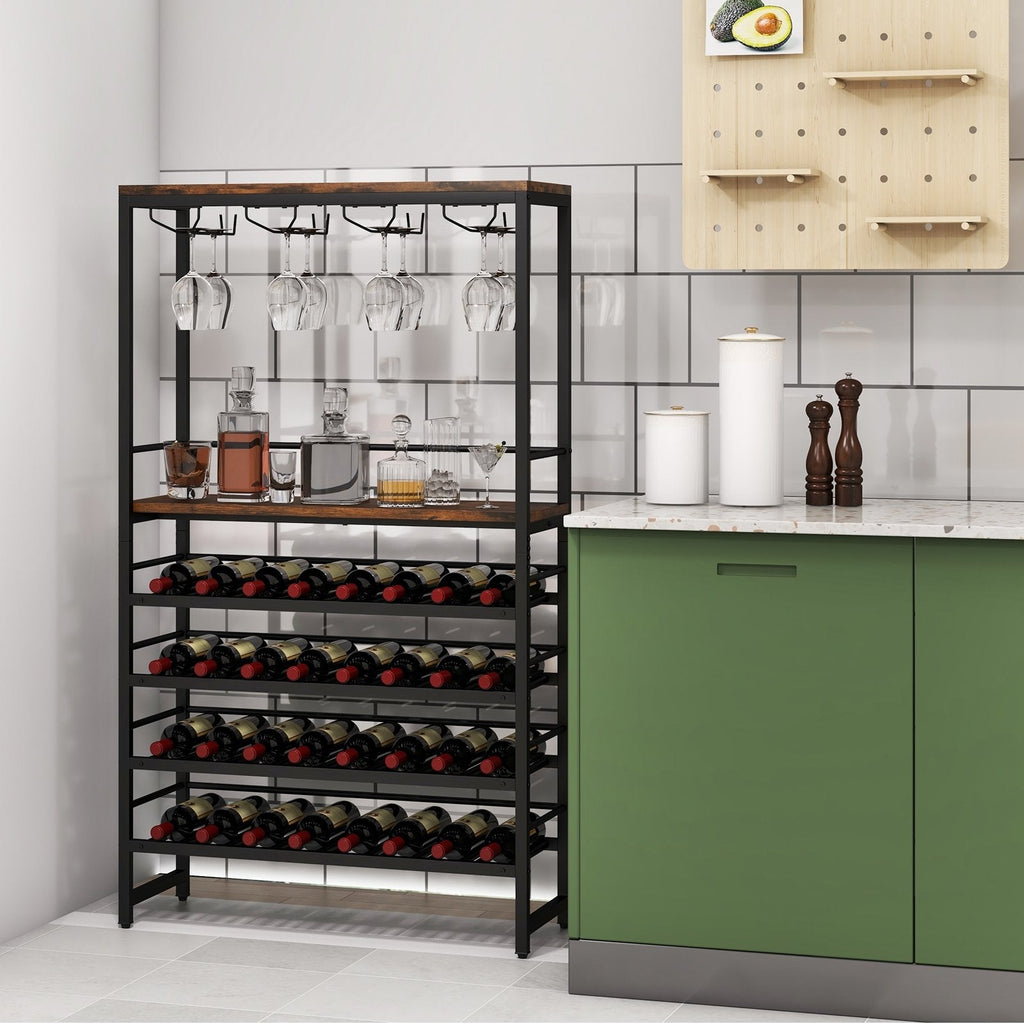 Étagère à vin autonome avec 4 niveaux de rangement pour le vin et 4 rangées de porte-verres à pied