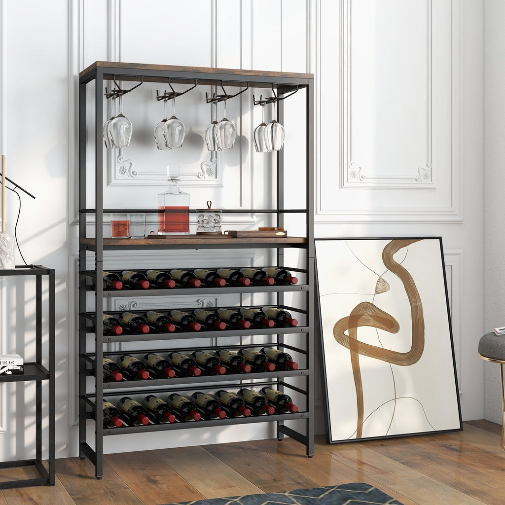 Étagère à vin autonome avec 4 niveaux de rangement pour le vin et 4 rangées de porte-verres à pied