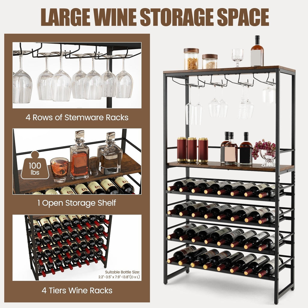 Étagère à vin autonome avec 4 niveaux de rangement pour le vin et 4 rangées de porte-verres à pied
