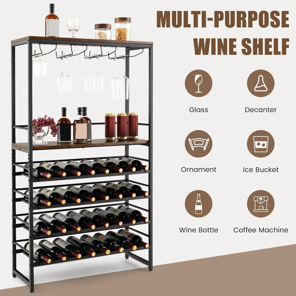 Étagère à vin autonome avec 4 niveaux de rangement pour le vin et 4 rangées de porte-verres à pied
