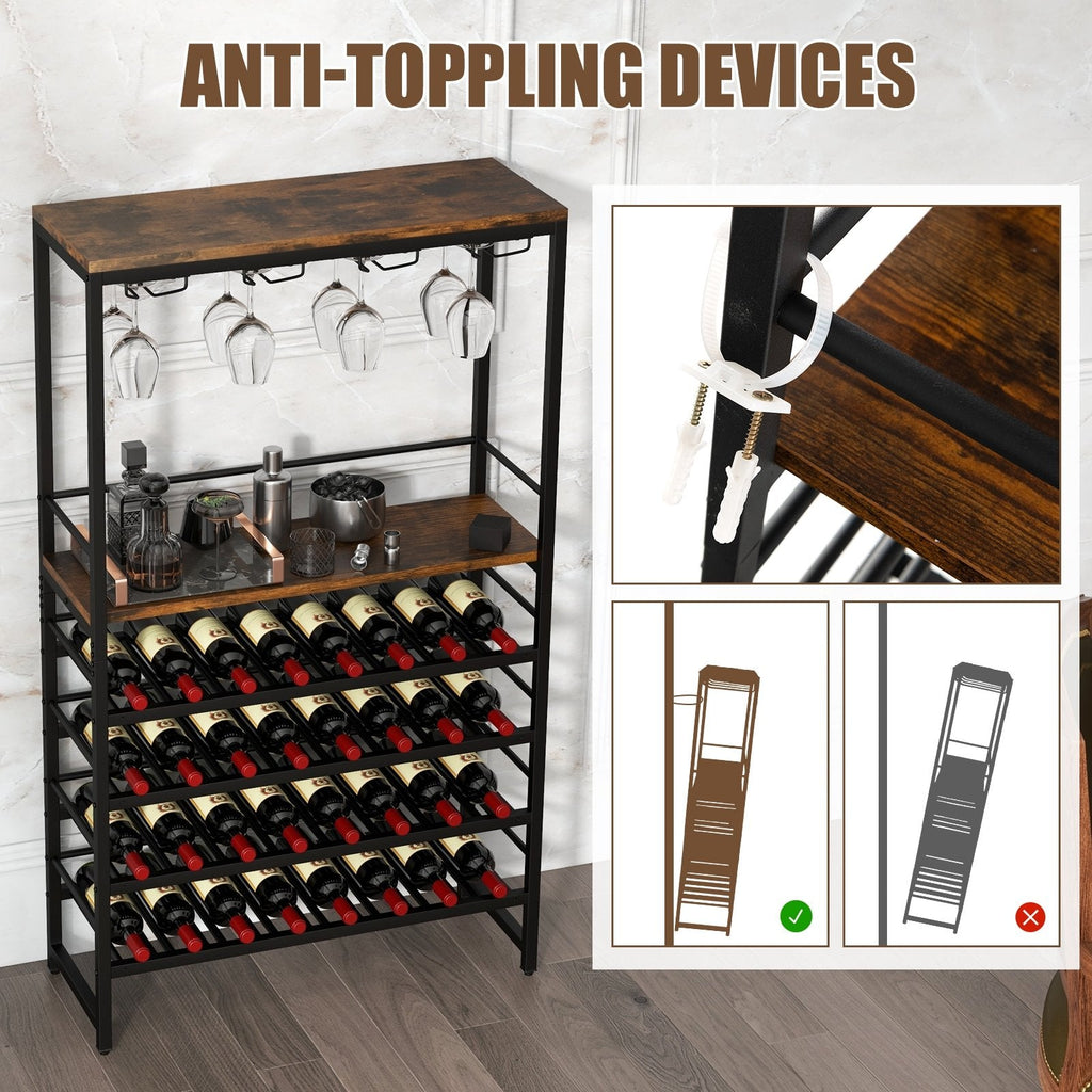 Étagère à vin autonome avec 4 niveaux de rangement pour le vin et 4 rangées de porte-verres à pied
