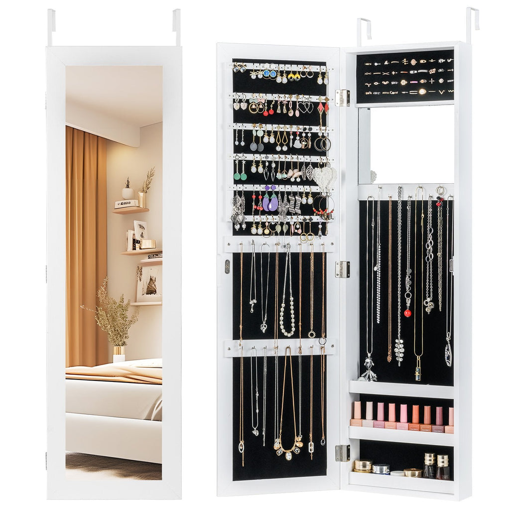 Armoire à bijoux avec miroir pleine longueur, porte-bagues et crochets pour colliers - Blanc