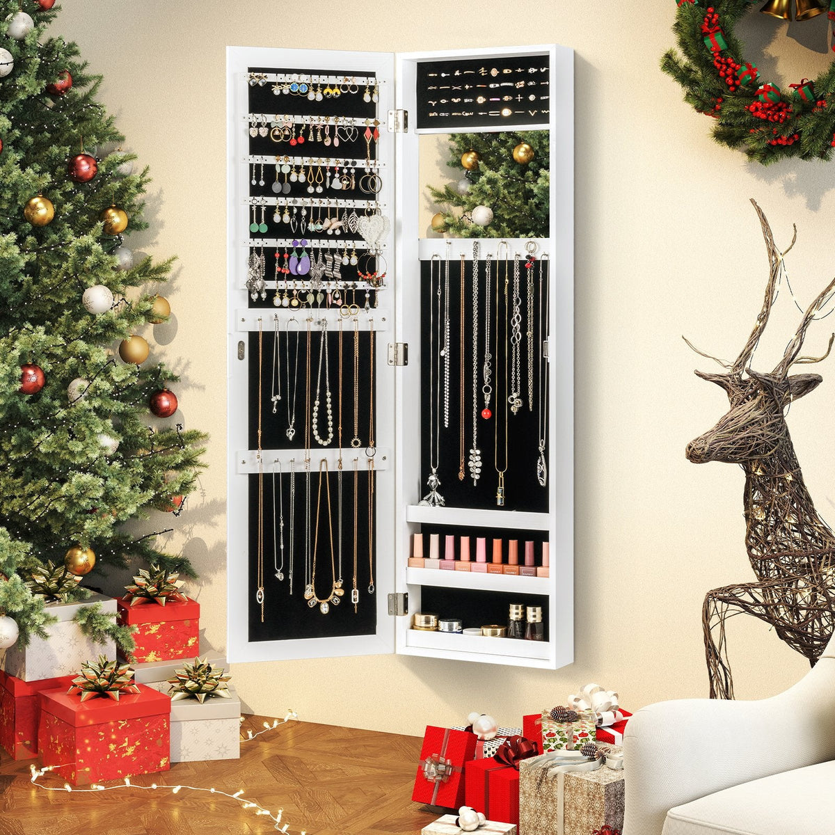 Armoire à bijoux avec miroir pleine longueur, porte-bagues et crochets pour colliers - Blanc