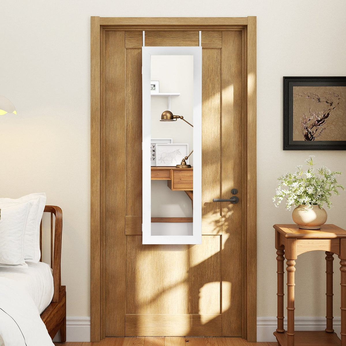Armoire à bijoux avec miroir pleine longueur, porte-bagues et crochets pour colliers - Blanc