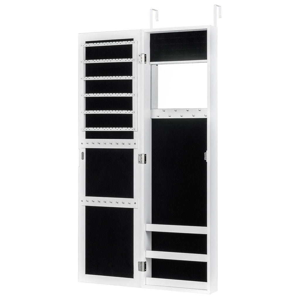 Armoire à bijoux avec miroir pleine longueur, porte-bagues et crochets pour colliers - Blanc
