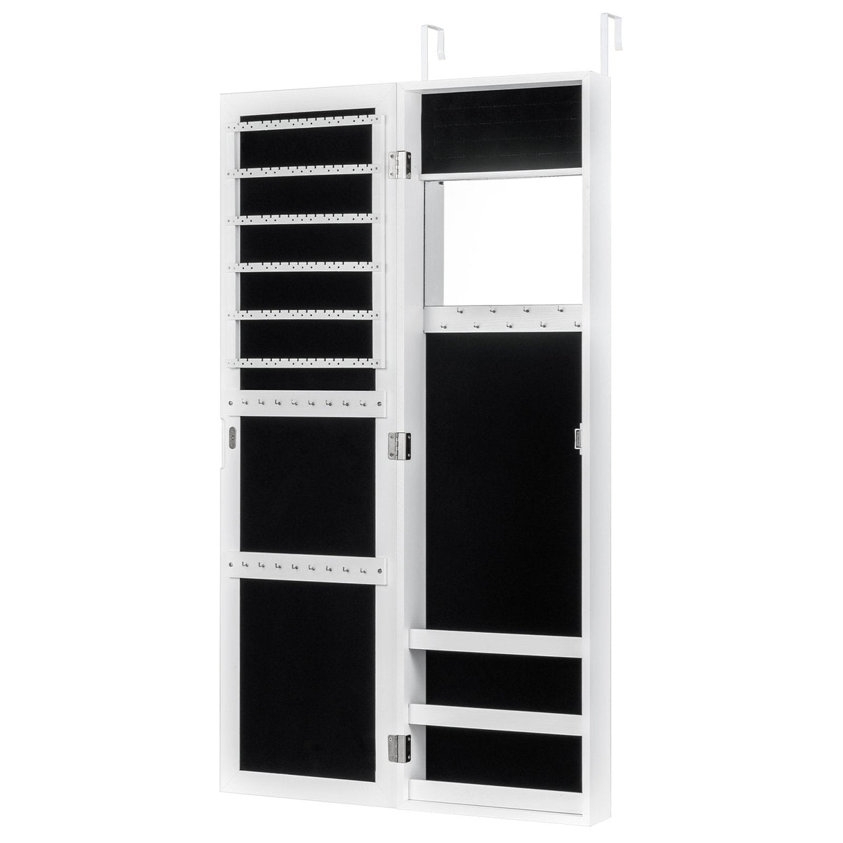 Armoire à bijoux avec miroir pleine longueur, porte-bagues et crochets pour colliers - Blanc