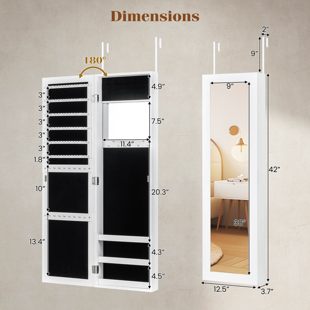 Armoire à bijoux avec miroir pleine longueur, porte-bagues et crochets pour colliers - Blanc