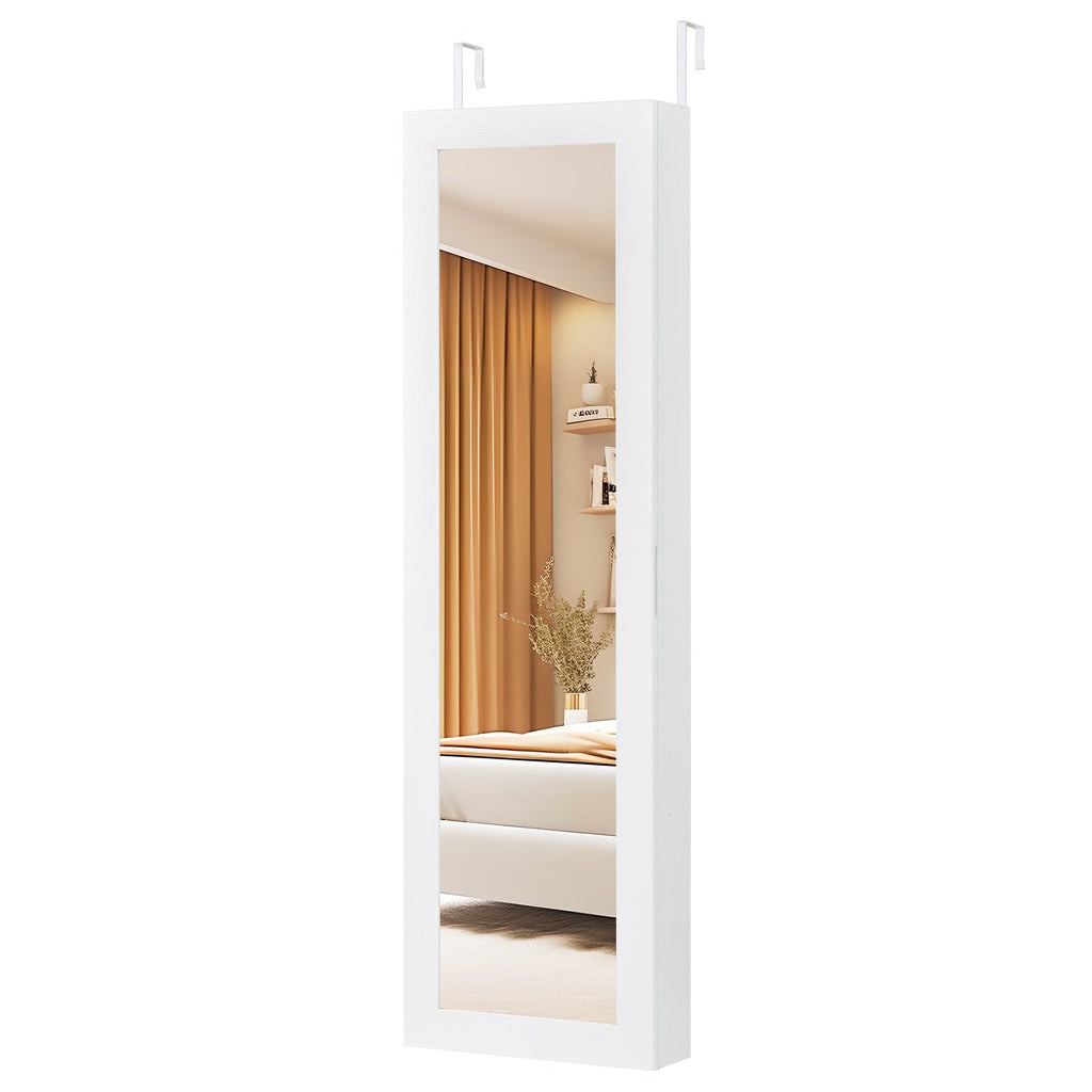 Armoire à bijoux avec miroir pleine longueur, porte-bagues et crochets pour colliers - Blanc