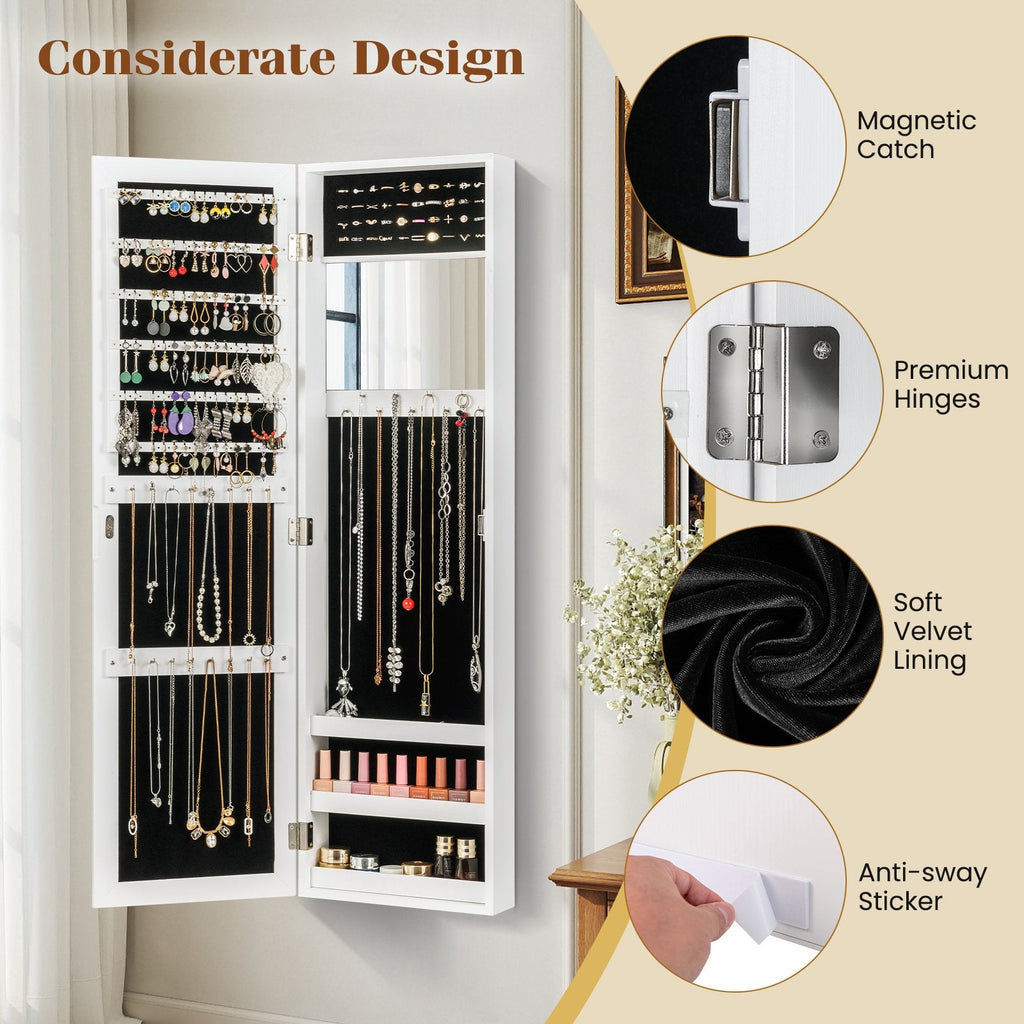 Armoire à bijoux avec miroir pleine longueur, porte-bagues et crochets pour colliers - Blanc