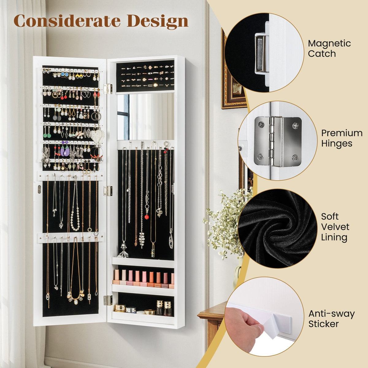 Armoire à bijoux avec miroir pleine longueur, porte-bagues et crochets pour colliers - Blanc