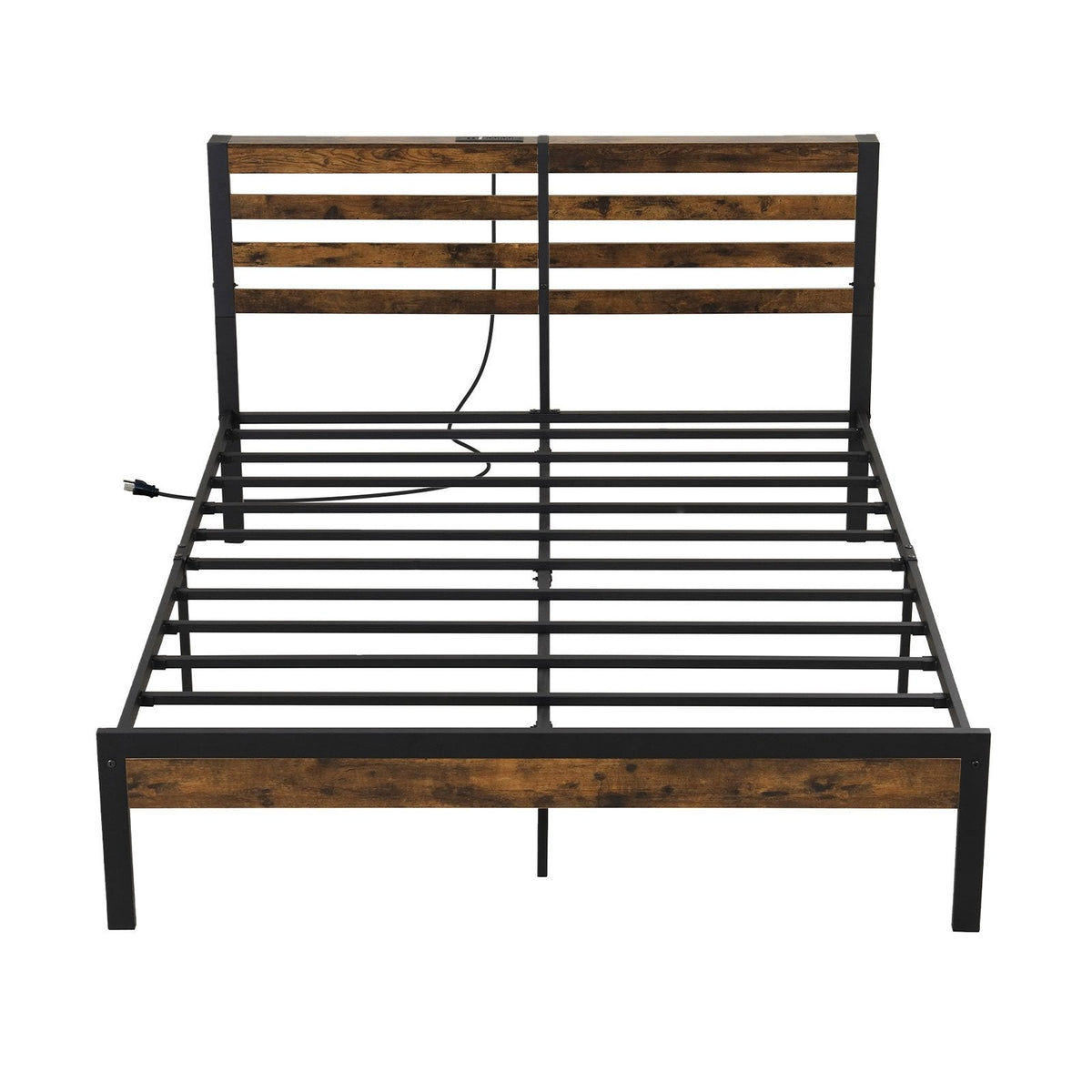 Estructura de cama metálica tamaño queen con cabecero con almacenamiento, 2 enchufes, 2 puertos USB y 12 pulgadas de espacio libre inferior