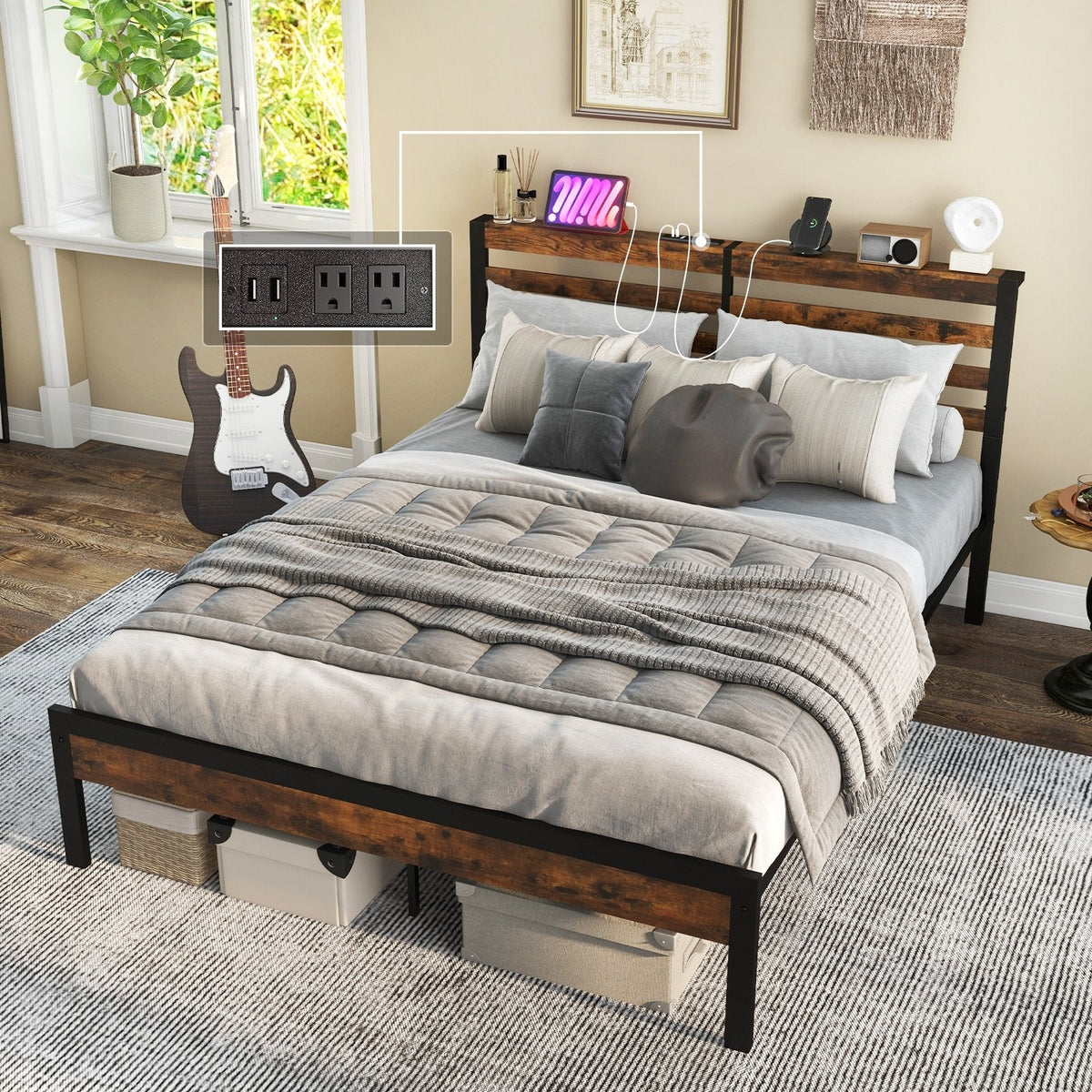 Estructura de cama metálica tamaño queen con cabecero con almacenamiento, 2 enchufes, 2 puertos USB y 12 pulgadas de espacio libre inferior