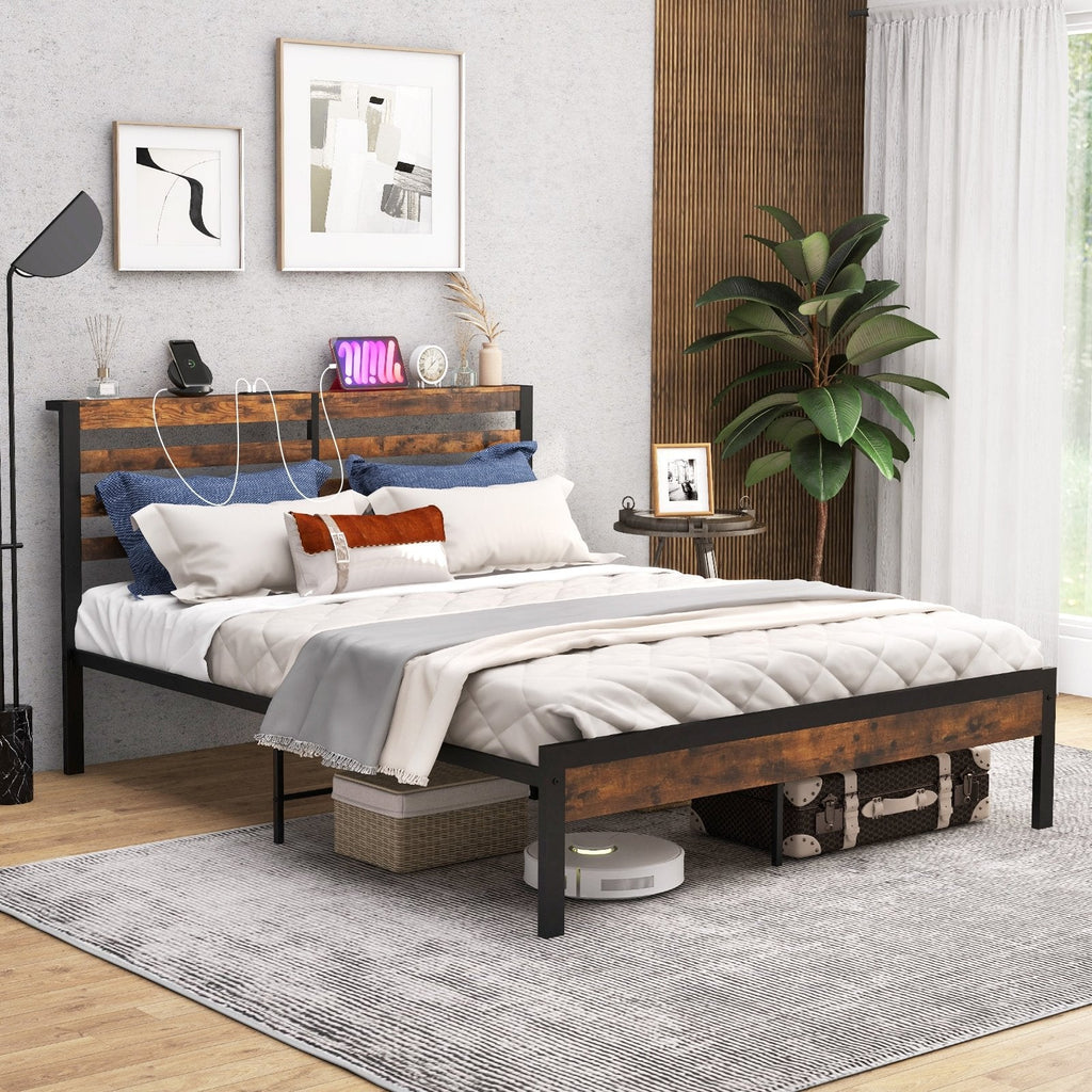 Estructura de cama metálica tamaño queen con cabecero con almacenamiento, 2 enchufes, 2 puertos USB y 12 pulgadas de espacio libre inferior