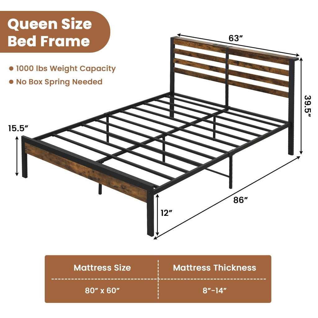 Estructura de cama metálica tamaño queen con cabecero con almacenamiento, 2 enchufes, 2 puertos USB y 12 pulgadas de espacio libre inferior