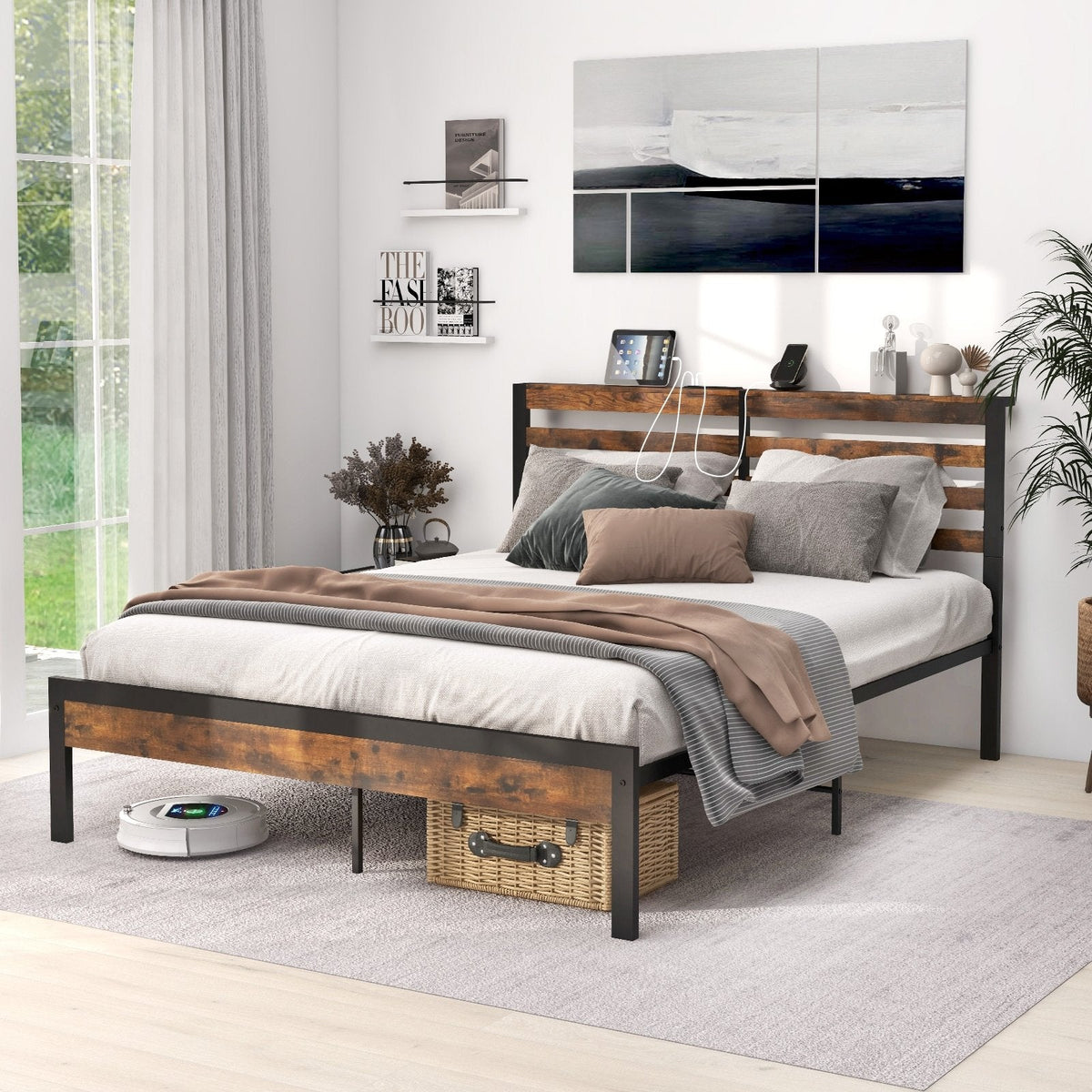 Estructura de cama metálica tamaño queen con cabecero con almacenamiento, 2 enchufes, 2 puertos USB y 12 pulgadas de espacio libre inferior